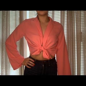 Sheer Pink Cropped Front Tie Top